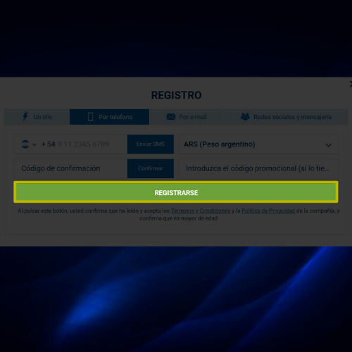 Completa el registro en 1xbet